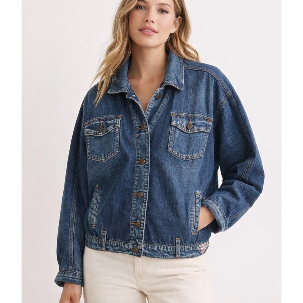 Vintage GUESS Triangle Patch Denim Bomber Jacket L